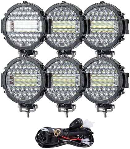 Round LED Offroad Light Pods - 7 Inch 201W Auxiliary Driving Work Fog Lights for Pickup Truck Tractor Car Snowmobile Golf Cart RV ATV UTV 4X4 (PACK OF 6 BLACK+WIRE)