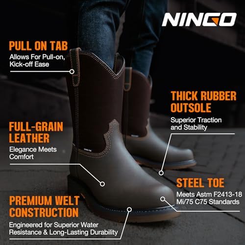 NINGO Men's Steel Toe Work Boots, Waterproof Wellington Safety Boots