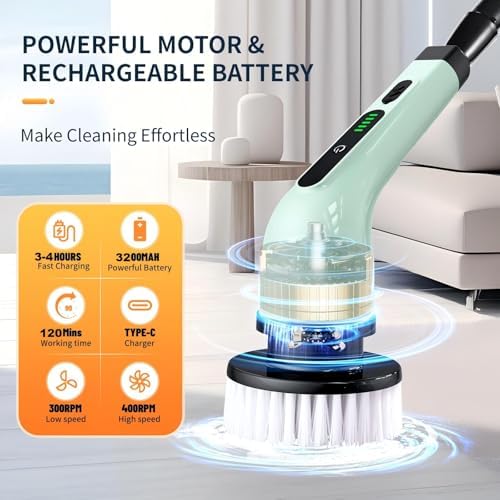 Electric Spin Scrubber, Cordless Electric Scrubber for Cleaning Bathroom,Power Shower Scrubber with Long Handle,Electric Cleaning Brush with 9 Brush Heads for Bathroom,Tub,Floor,Kitchen,Window,Car
