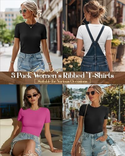 Ficerd 3 Pack Women's Ribbed Short Sleeve T-Shirts