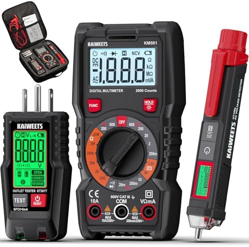 KAIWEETS Electrical Test Kit KIT01, Digital Multimeter, Smart Non-Contact Voltage Tester & GFCI Outlet Tester with LCD, Complete Set with Carrying Case & Batteries for Electrician, DIY & HVAC