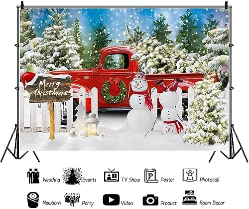 Winter Christmas Snowman Red Truck Backdrop 7x5ft Merry Christmas Winter Forest Photography Background Xmas Theme Party Decorations Studio Photo Booth Props