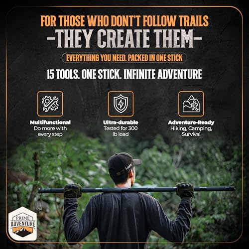 Prime Adventure 15-in-1 Tactical Survival Walking Stick & Hiking Staff – Heavy-Duty Collapsible Multitool for Camping, Hiking & Outdoor Survival Gear (8 Tubes, Premium Build)