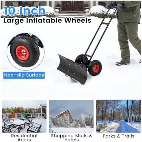 DORTALA Snow Shovel with Wheels, 36” Wide Heavy-Duty Metal Snow Pusher with 7-Position Angled Blade, Adjustable Height Anti-Slip Handle for Double Driveway, Sidewalk, Black