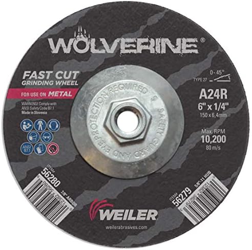Weiler 56279 6" X 1/4" Wolverine Type 27 Grinding Wheel, A24R, 5/8"-11 Nut (Pack of 10)