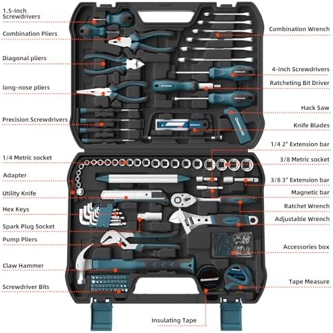 Home Tool Kit 199 Piece Basic Household Auto Repair Tool Set Car Toolbox General Hand Tool Kit for Home Men Women DIY with Plastic Toolbox (Blue and black)