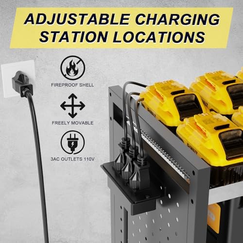 6-Tier Large Power Tool Organizer Cart with Charging Station, Heavy-Duty Garage Rolling Tool Cart with 6 Wheels, 8 Hooks & Adjustable Shelves, Holds 700LBS+