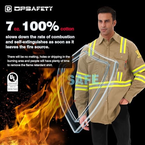 FR Shirts for Men 7oz High Visibility Fire Resistant Shirts CAT2 Welding Shirt 100% Cotton Hi Vis Flame Resistant Shirt Khaki(2X-Large)