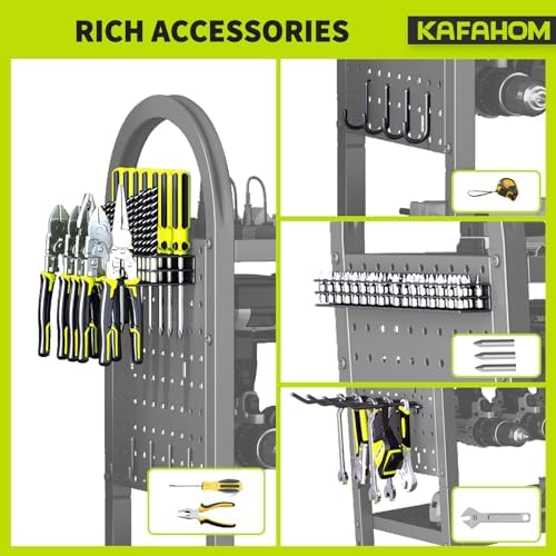 KAFAHOM Power Tool Organizer - 4 Tier Rolling Tool Cart with 8-12 Drill Holder,Tool Storage Cart on Wheels - Heavy Duty Metal Utility Tool Shelf for Garage, Workshop, Warehouse & Repair Shop