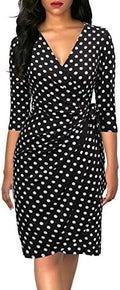 Berydress Women's 3/4 Sleeve V Neck Casual Party Work Faux Black Wrap Dress