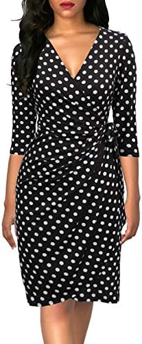 Berydress Women's 3/4 Sleeve V Neck Casual Party Work Faux Black Wrap Dress