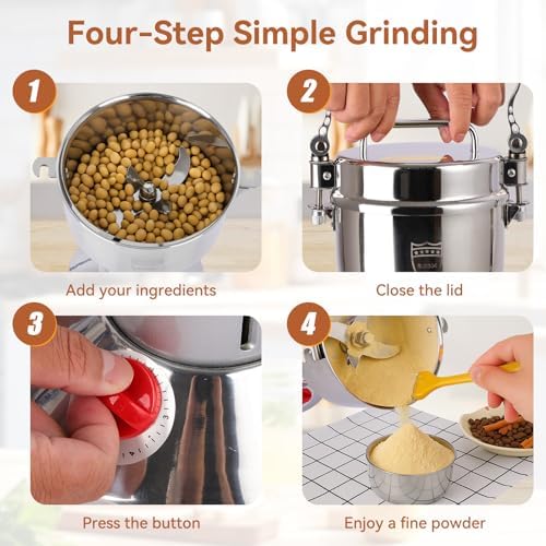 Grain Mill, 2000W High-Speed 750g 304 Stainless Steel grain mill for flour & Professional Spice Grinder for Kitchen Coffee Shop - Grinds Grains, Coffee, Dry Spices, Easy Operation
