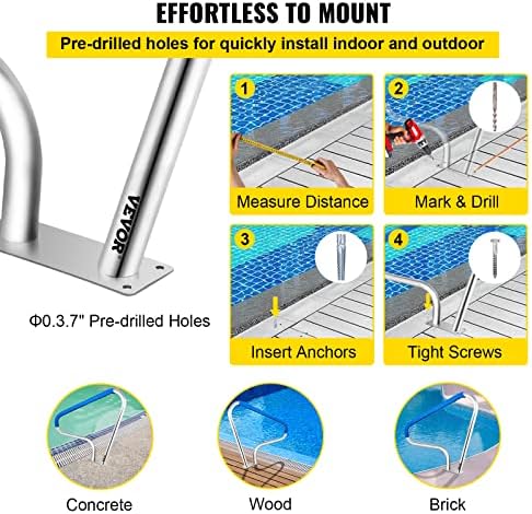 VEVOR Pool Rail 48x36 Pool Railing Brushed Stainless Steel 250LBS Load Capacity Silver Rustproof Pool Handrail Humanized Swimming Pool Handrail with Blue Grip Cover & M8 Drill Bit & Self-Taping Screws