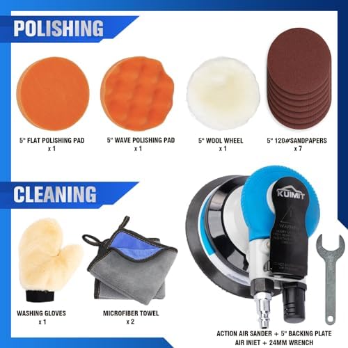 5" Air Sander Kit - Garage-Ready Dual Action Tool, Car Detailing & Woodworking Hero | Palm-Sized Power w/Free Tool Kits