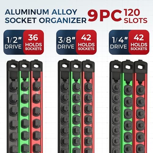 Reniteco Magnetic Socket Organizer Set, 9-Piece 1/4” 3/8” 1/2” Socket Rails | 120-Clip: 1/4" Rail-42 Clips, 3/8" Rail-42 Clips, 1/2" Rail-36 Clips, Heavy-Duty Aluminum Alloy Rails, Drawer or Wall Mount