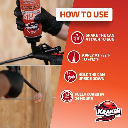 Kraken Bond Xtreme Pro Fire Block Expanding Foam Sealant (12x24oz), Professional Polyurethane Insulating Foam with Fire Block Technology, High Heat Resistant and Waterproof, Gun Not Included – 12 Pack