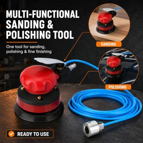 5“ Pneumatic Random Orbital Sander Kit, Air Water Polisher with 18.0ft Water Pipe, 1/4” Air Inlet
