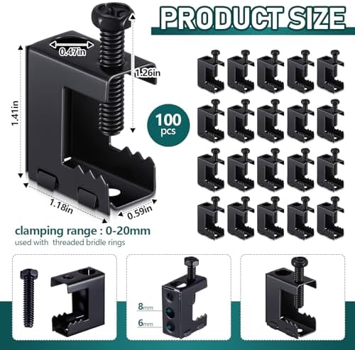 Tandefio 100 Pcs 1/4"-20 Spring Steel Beam Clamps Metal Beam Hanger, Black