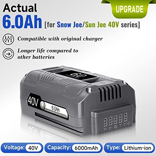 【Upgrade!】 40V 6.0Ah Replacement Battery for Snow Joe/Sun Joe Ecosharp 40V Tools Lithium-ion Battery Snow Blower Lawn Mower Pressure Washer. 40V Wireless iON Models