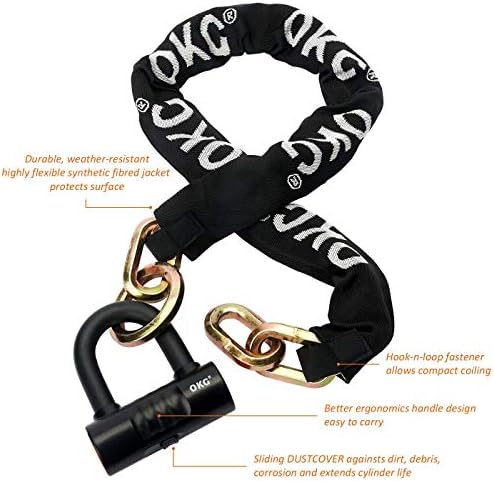 OKG Heavy Duty Bike Lock, Black, 8 lb, 2.6ft x 1/2 in (12mm) Thick Cut Proof Chain Combo 18mm Small U Lock, Ideal for Motorcycles, ATVs, Mopeds or Garage Security