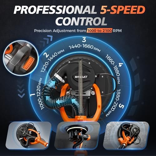 1050W Drywall Sander, 5-Speed 1000-2100RPM, Foldable & Extendable Handle