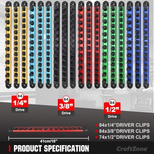 Socket Organizer Set - Socket Rail & Socket Holder with Ratchet Organizer - 240 Clips Total (84 for 1/4", 84 for 3/8", 72 for 1/2") - Socket Organizer for Tool Box Drawer.