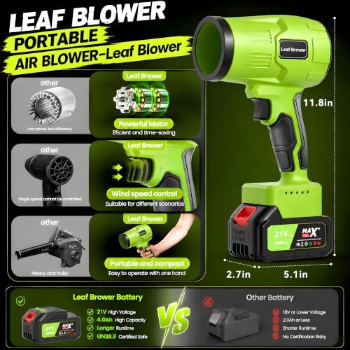 Handheld Leaf Blower as seen on TV, 990,000 RPM Cordless Leaf Blower with 2 Batteries and Charger, Blowers for Lawn Care, Patio, Leaves Dust, Snow, Car, Home(Green)