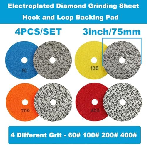 4PCS Electroplated Diamond Sanding Paper Sheet Pad, 60# 100# 200# 400# Grit 3 inch 75 mm Grinding Sandpaper Pad Hook and Loop Backing for Metal Glass Porcelain Ceramic Hand Polishing Trimming
