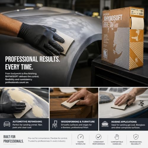 Indasa Rhynosoft Pre-Cut Foam Hand Sanding Pads – Flexible Sponge Sandpaper Sheets for Hand & Machine Sanding – Grits P120 to P1500 – 4.5" x 5.5" Pads – 80 Series – 4.5" x 27.5 yd Roll (400 Grit)