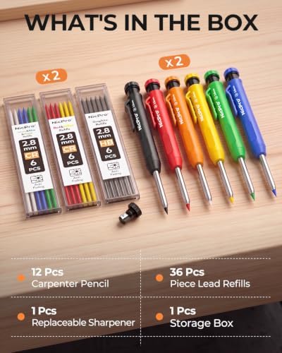Nicpro Carpenter Pencil with Sharpener, 12Pcs Construction Pencil+52 Refill
