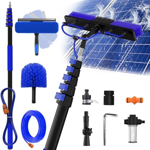 Buyplus 30FT Reach Solar Panel Cleaning Brush Kit with 5-24FT Telescoping Pole, Water Fed Window Cleaner Tool with 20" Brush, Soap Dispenser, Cobweb Duster, Squeegee for Roof, RV, Gutter, Deck,Blue