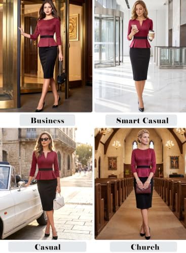 VFSHOW Womens Work Business Office Front Zipper Peplum Church Sheath Dress