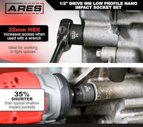 ARES 29020 15-Pc 1/2in Metric Nano Sockets, Low Profile, w/Rail | Sizes 10-24mm, chrome moly steel, corrosion-resistant coating, locking aluminum rail. For tight engine bays and brake jobs.