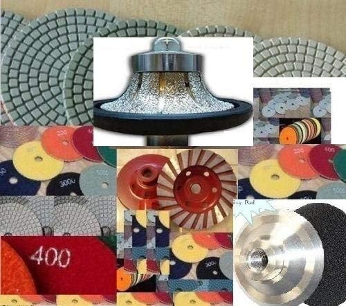 3/8" Demi/Roundover Bullnose Diamond Router Bit Profile Shaping Granite 22 Piece Polishing Pad 4 Inch Grinding Cup Wheel aluminum backer Concrete Marble Travertine Quartz Countertops edge fabricate