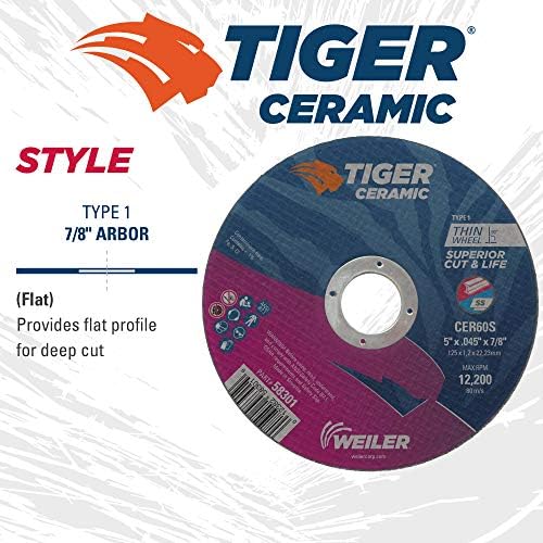 Weiler 58301 5 Inch Cutting Wheel, Tiger Ceramic Stainless Steel Superior Life & Cut Contaminant Free Max Performance Cutting, .045" CER60S Type 1 7/8" Arbor, Pack of 25