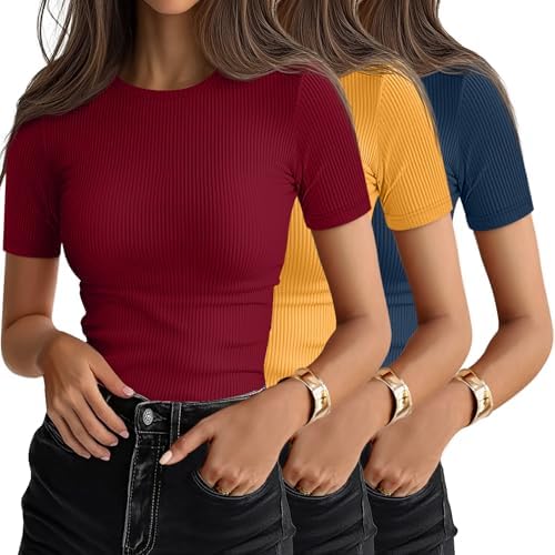 Ficerd 3 Pack Women's Ribbed Short Sleeve T-Shirts