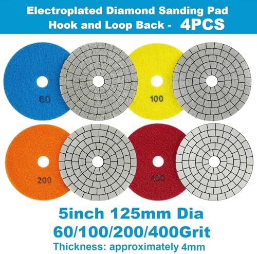 4PCS Electroplated Diamond Sanding Pad, 60#/100#/200#/400# Grit 5inch 125mm Grinding Disc Hook and Loop Backing for Stone Tile Glass Trimming & Metal Polishing & Wood Sanding