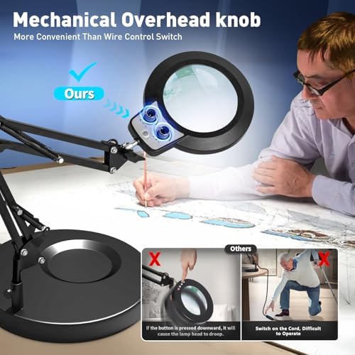 KIRKAS 12X Magnifying Glass with Light and Stand, Overhead Knob 2 in 1