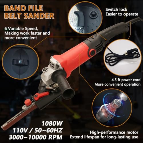 Belt Sander - 1080W 6-Speed Variable Speed Detail Band File Belt Sander,1/2 x 18" Finger Belt Sander for Grinding and Polishing Wood, Paint, Metal Rust Move,welding Spot and DIY.