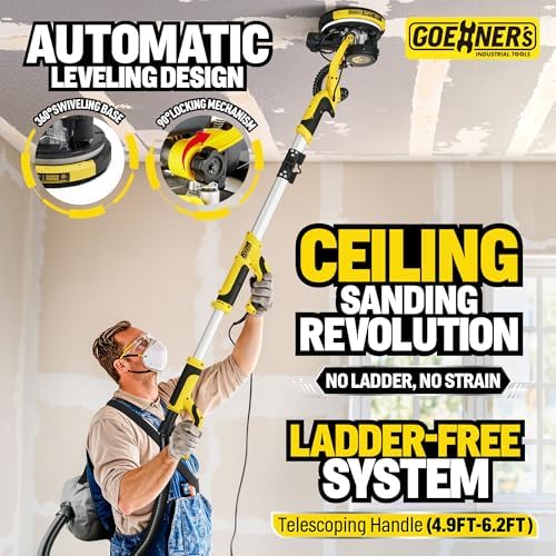 Drywall Sander, Electric Drywall Sander with Vacuum, Automatic Dust Removal, 7 Variable Speed, 900-1800RPM, 26’ Power Cord, Labor-Saving Handle and Patented Fixture for Ceiling Sanding, LED Light