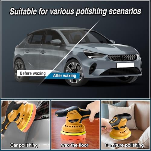 Cordless Buffer Polisher 6 inch with 8 discs for polishing, fits Dewalts 20V battery and 6 variable speed from 2200RPM to 5500RPM cordless sander, for Car Detailing/Polishing