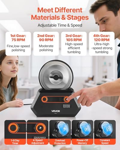 VEVOR Rock Tumbler Kit, 3 lbs Rock Polishing Kit, 4 Speed Settings 9-Day Polishing Timer Stone Polishing Kit, Rock Polisher with Rough Gemstones and Polishing Grits, Rock Polisher for Adults Kids