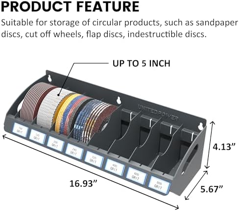 UNITEDPOWER Sanding Discs Holder, 8 Slots Wall Mount Metal Sandpaper Storage Rack for Workshop, Shed, Garage Classified Organization, Fit Most of Sandpaper