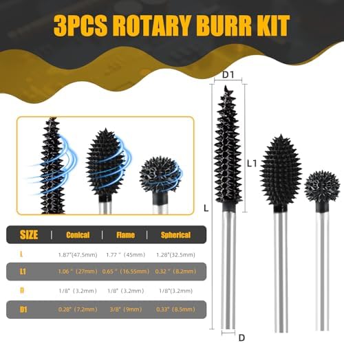 CAELUM Carbide Rotary Burr Set 3 Pcs, 1/8" Coarse, for Dremel Rotary Tools