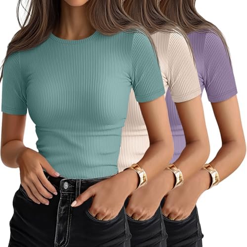 Ficerd 3 Pack Women's Ribbed Short Sleeve T-Shirts