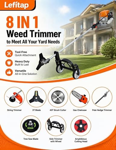 8 in 1 Weed Eater Gas - 52CC 2-Stroke Gas Pole Saw Hedge Trimmer Combo