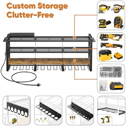 POKIPO Power Tool Organizer Wall Mount with Charging Station, 4 Tier Tool Battery Storage Rack Built in 8 Outlet Power Strip for Garage, 49" W, Black Wood