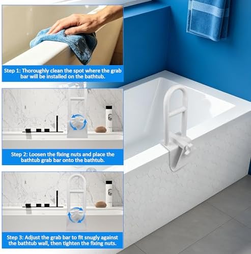 Heavy Duty Bathtub Safety Rail, Width Adjustable Bathtub Handle Grab Bar, Clamp-on Shower Support Handle for Side of Tub, Handicap Shower Safety Grab Bar for Seniors Elderly
