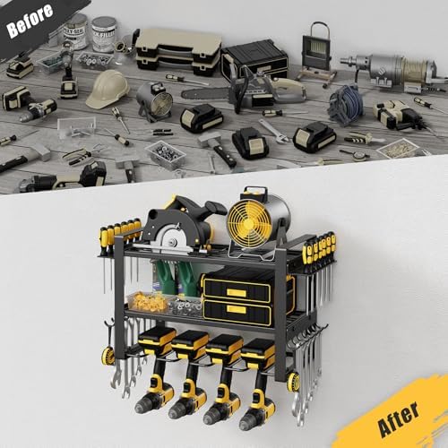 Power Tool Organizer Wall Mount, 150LBS Capacity, 3 Tier, 4 Drill Holders