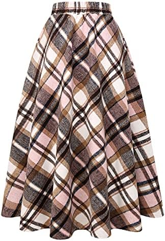 IDEALSANXUN Womens Plaid Wool Skirts Elastic Waist A-Line Pleated Tartan Long Skirts